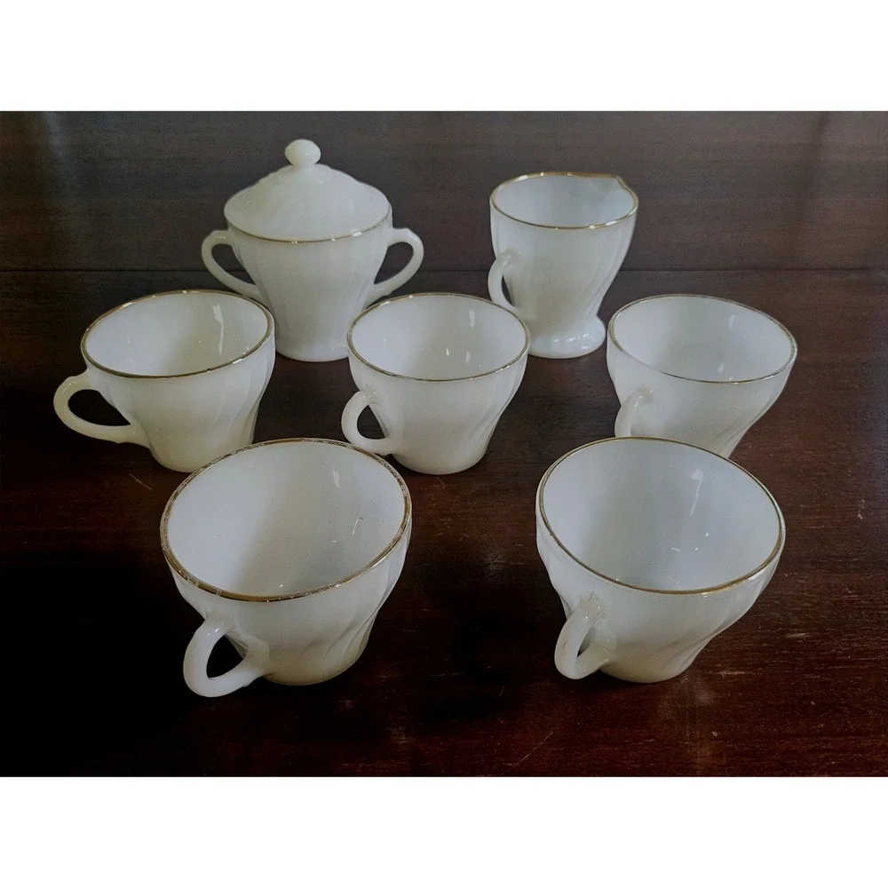 Fire-King Tea Set Home OS White Swirl Milk Glass Gold Rim 7pc Set